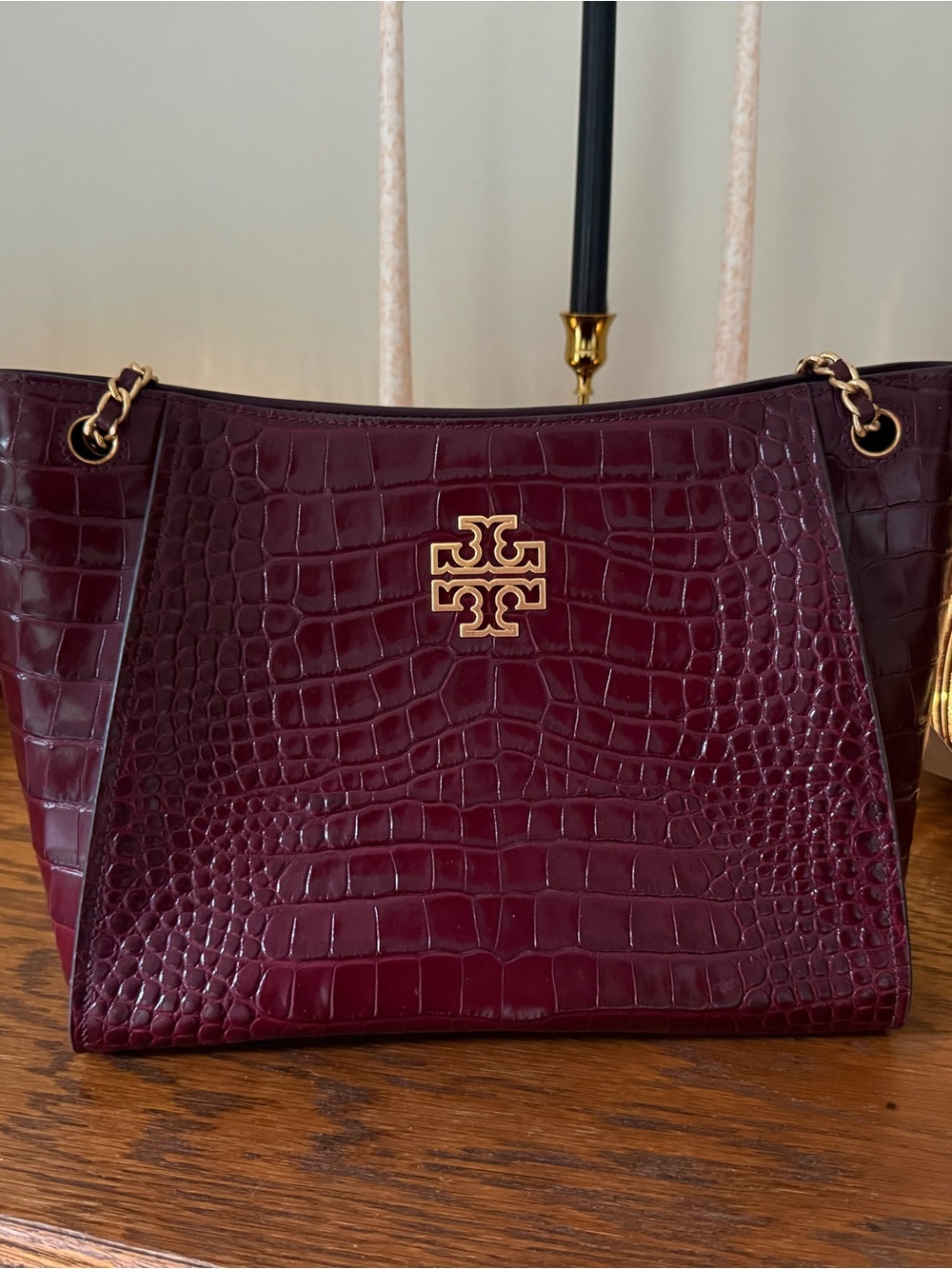 Tory Burch Croc-Embossed Shoulder Tote in Burgundy with Gold Hardware